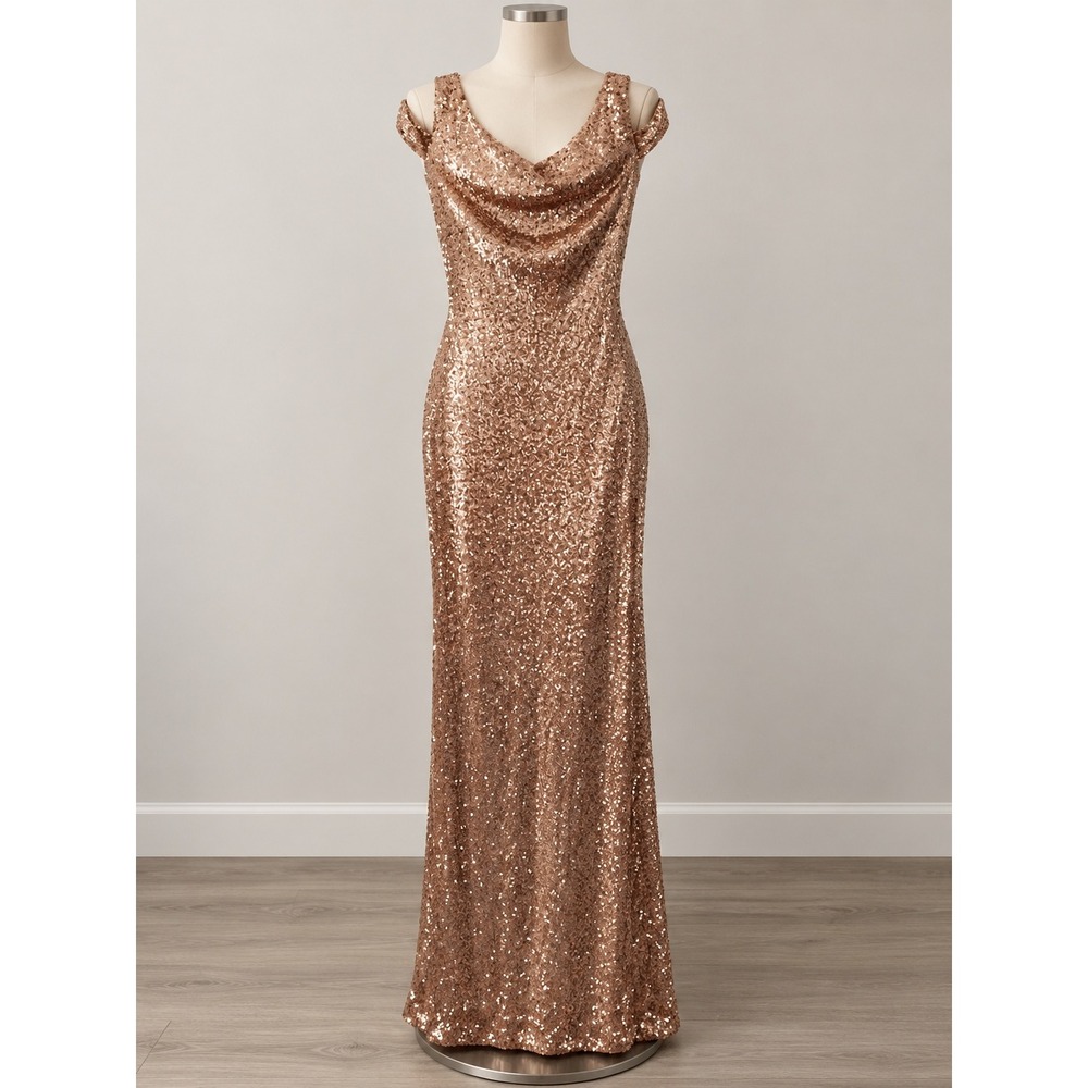 Christina Wu Celebration 22789 Rose Gold Sequin Cowl Neck Gown Dress Size 16